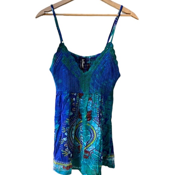 Sacred Threads Tops - Sacred Threads Beachy Boho Crocheted Blue/Green Baby Doll Blouse Top. Smocked.